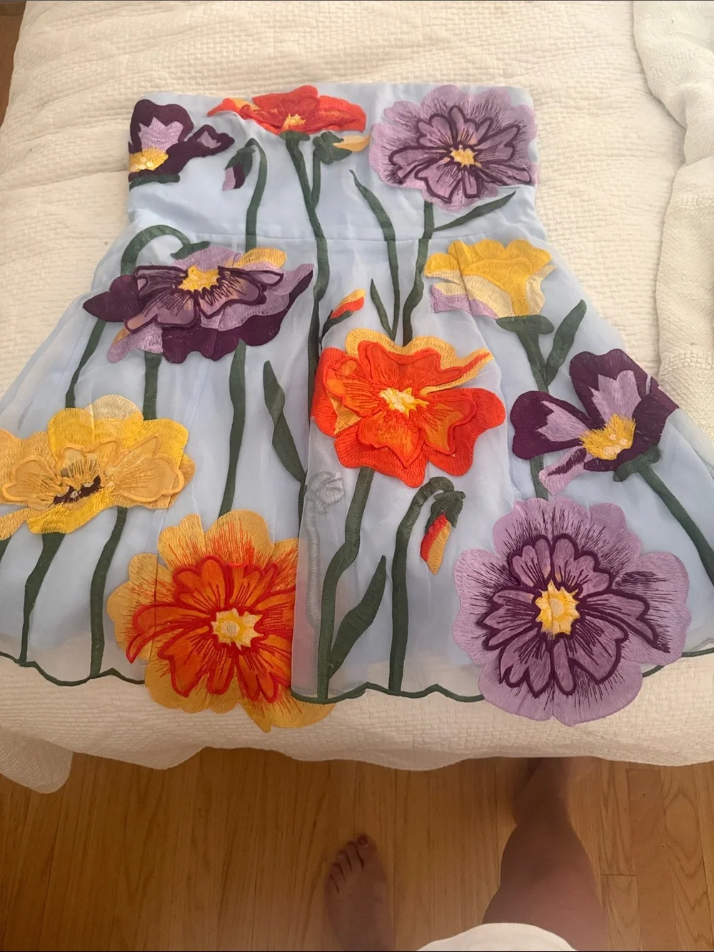 Maeve Strapless Light Blue Mini Dress with Orange & Purple Floral Appliqués - Picture 4 of 5